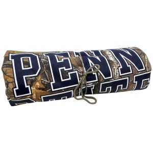 rolled and tied Realtree camo sweatshirt blanket with printed Penn State in large block letters